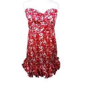 Karlie Strapless Mini Dress, Pink/White Abstract Floral, 3D Ruffled Bottom, SZ L
